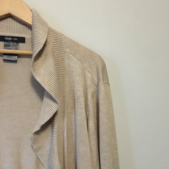 Style & Co. Frilly Ruffle Hem Tan Open Cardigan - Picture 3 of 10